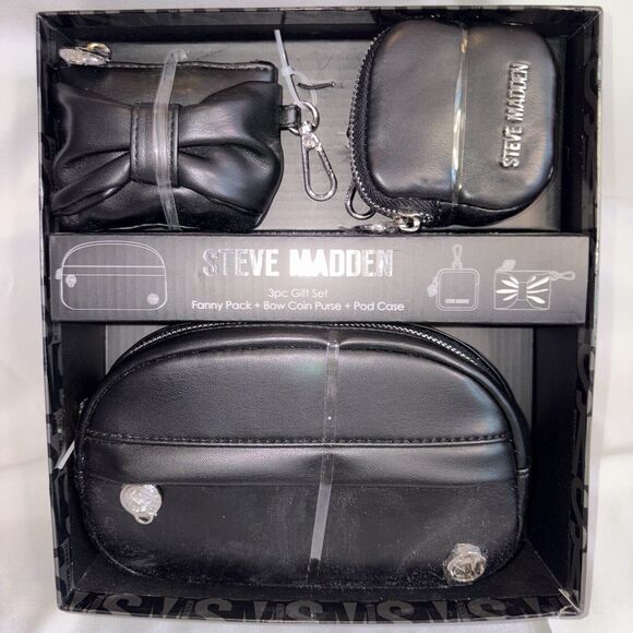 Steve Madden 3-Pc Gift Set Belt Bag, Coin Purse w/ Bow And Earbud Case Black NEW - Picture 1 of 6